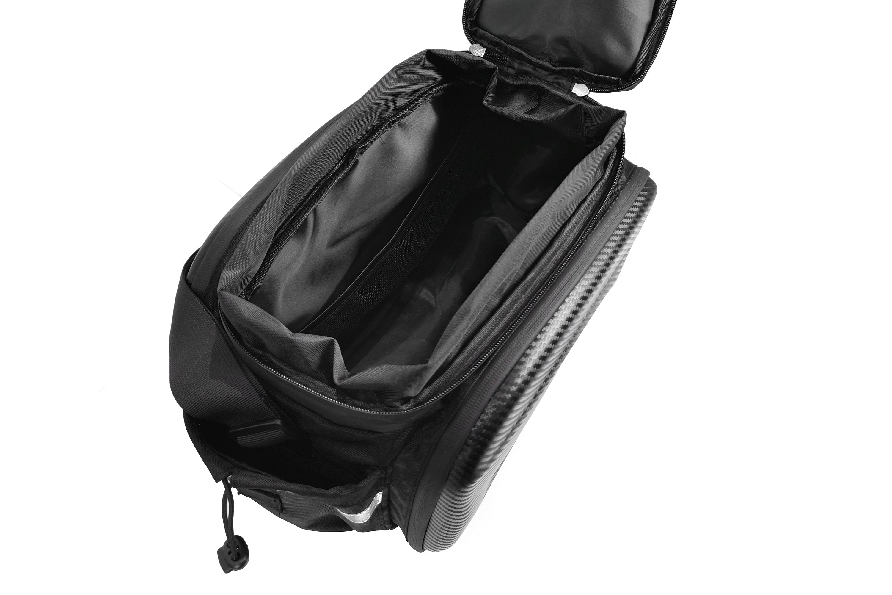 Interior view of the black Duotts travel bag, revealing its large capacity for storing travel gear, making it ideal for extended trips.